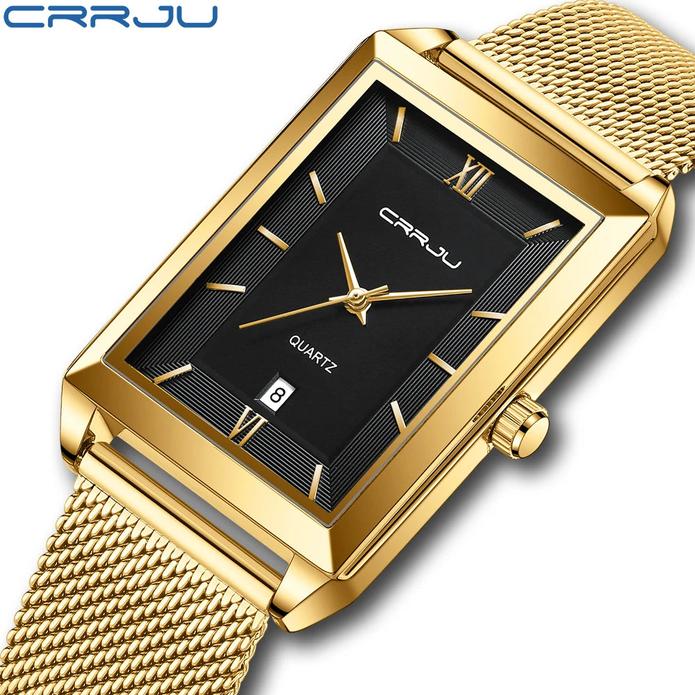 Relógio Feminino de Luxo CRRJU Dourado – Quartzo, À Prova d'Água, Pulseira de Aço Inoxidável e Função de Data