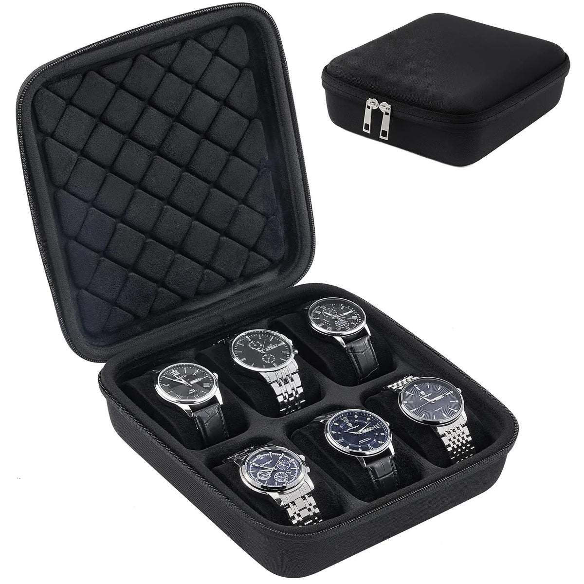 Travel Watch Case,6 Slots Hard Shell Storage Box for Watch Bracelet Accessories, Zippered Organizer Bag Valentine's Gift for Men