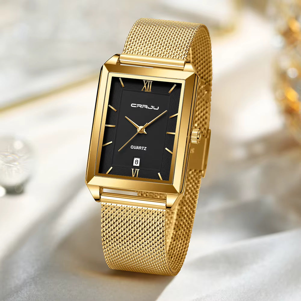 Relógio CRRJU Feminino de Luxo — Aço Inoxidável, Resistente à Água, Dourado