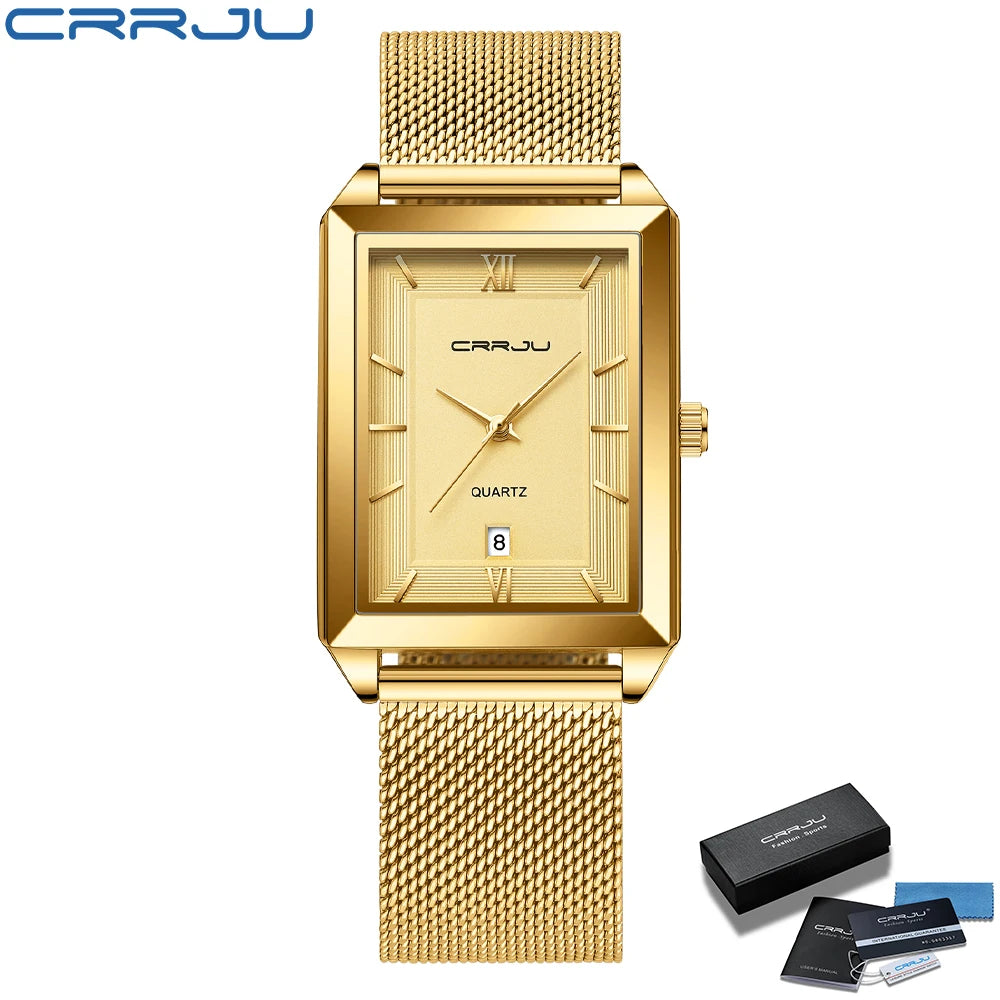 Relógio Feminino de Luxo CRRJU Dourado – Quartzo, À Prova d'Água, Pulseira de Aço Inoxidável e Função de Data
