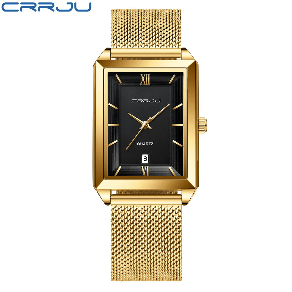 Relógio Feminino de Luxo CRRJU Dourado – Quartzo, À Prova d'Água, Pulseira de Aço Inoxidável e Função de Data