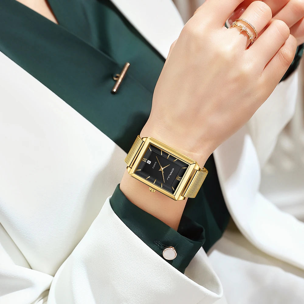 Relógio Feminino de Luxo CRRJU Dourado – Quartzo, À Prova d'Água, Pulseira de Aço Inoxidável e Função de Data