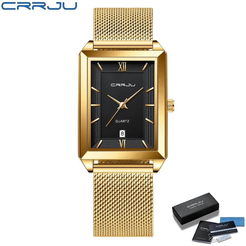 Relógio Feminino de Luxo CRRJU Dourado – Quartzo, À Prova d'Água, Pulseira de Aço Inoxidável e Função de Data