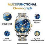 Relógio Masculino OLEVS – Cronógrafo Multifuncional Clássico com Mecanismo Aparente (Flywheel), Quartzo Original, Fase da Lua