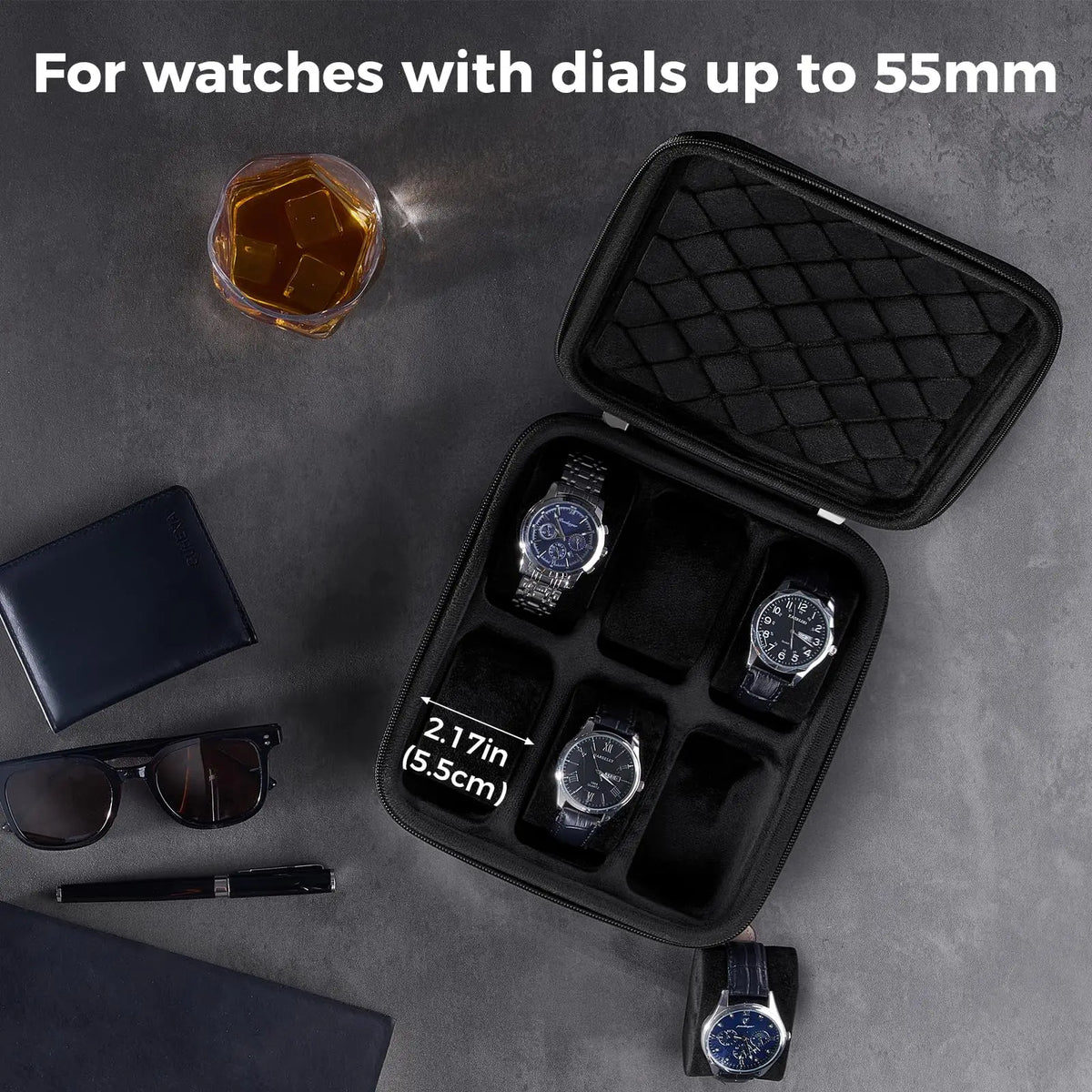 Travel Watch Case,6 Slots Hard Shell Storage Box for Watch Bracelet Accessories, Zippered Organizer Bag Valentine's Gift for Men