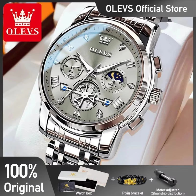Relógio Masculino OLEVS – Cronógrafo Multifuncional Clássico com Mecanismo Aparente (Flywheel), Quartzo Original, Fase da Lua