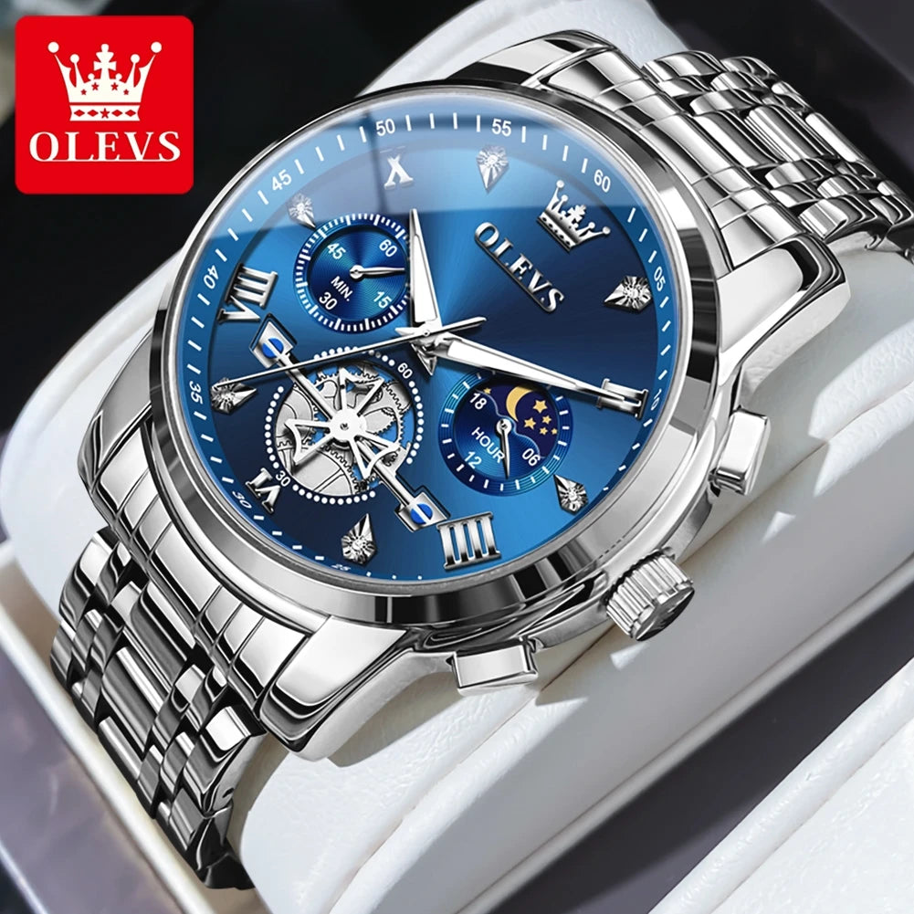Relógio Masculino OLEVS – Cronógrafo Multifuncional Clássico com Mecanismo Aparente (Flywheel), Quartzo Original, Fase da Lua