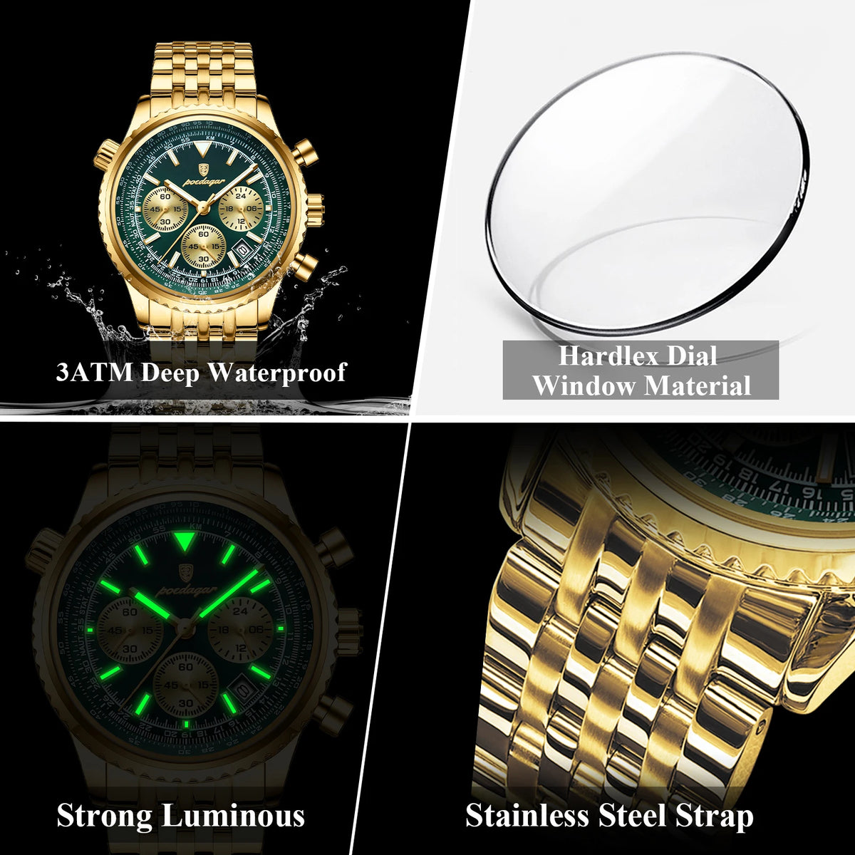 Relógio de Pulso Masculino de Luxo POEDAGAR – Cronógrafo, Data, À Prova d'Água, Luminoso, Aço Inoxidável, Quartzo, Estilo Clássico